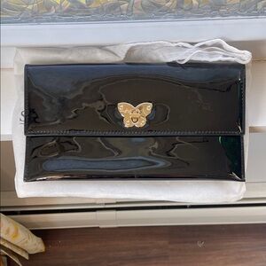 Sondra Roberts Black Patent Clutch with Gold Butterfly